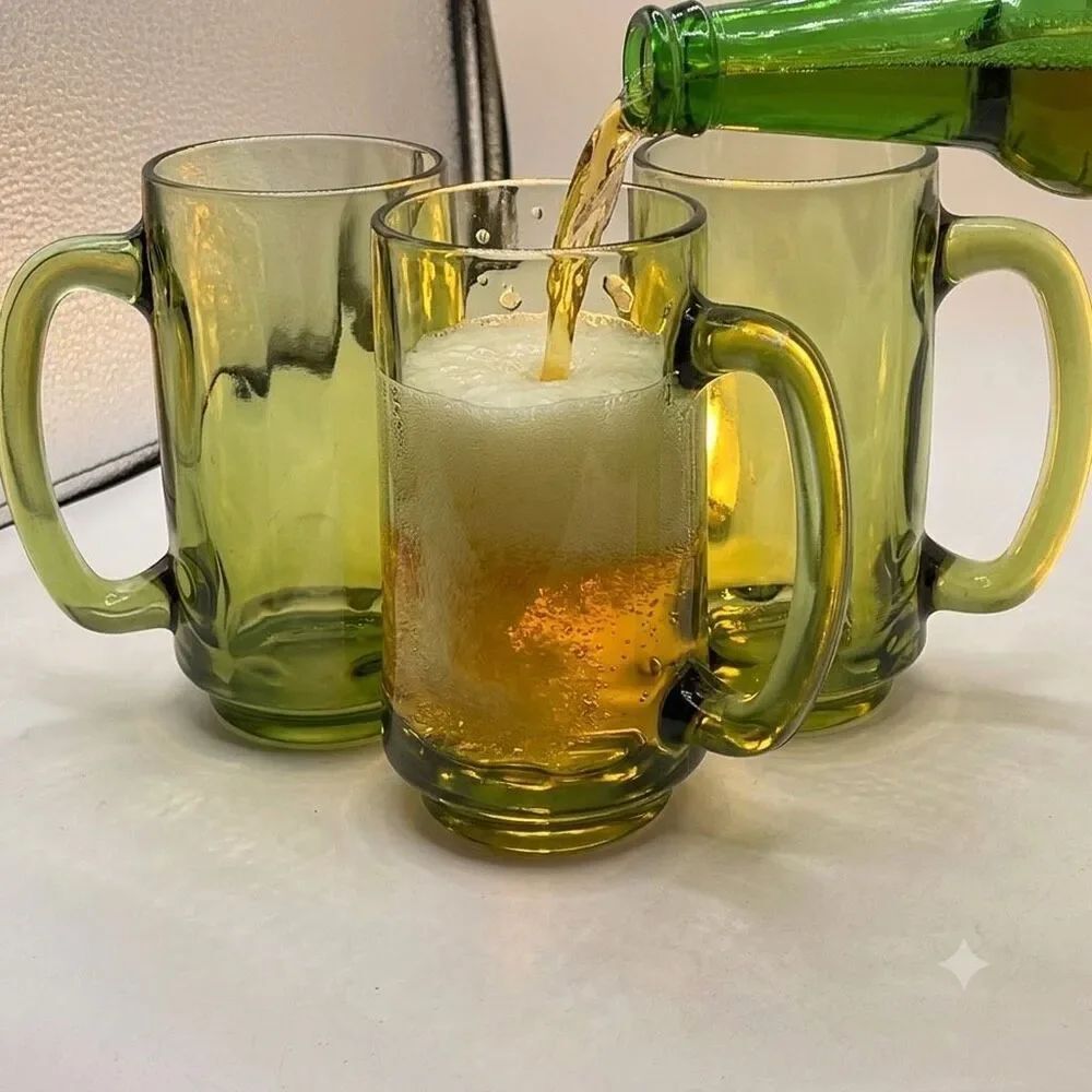 Lot of 3 1970’s Hazel Atlas avocado green beer mugs.